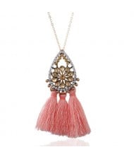 Rhinestone Floral Waterdrop with Cotton Threads Tassel Pendant Design Long Style Fashion Necklace - Pink