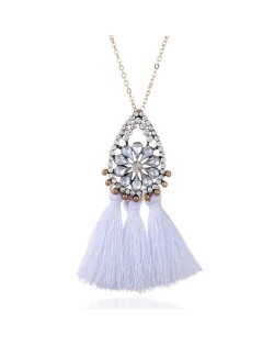 Rhinestone Floral Waterdrop with Cotton Threads Tassel Pendant Design Long Style Fashion Necklace - White