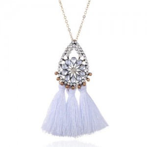 Rhinestone Floral Waterdrop with Cotton Threads Tassel Pendant Design Long Style Fashion Necklace - White