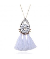 Rhinestone Floral Waterdrop with Cotton Threads Tassel Pendant Design Long Style Fashion Necklace - White