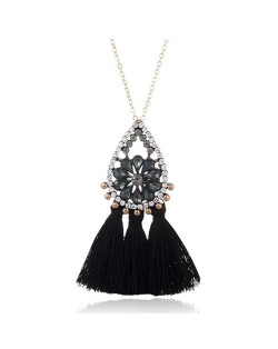 Rhinestone Floral Waterdrop with Cotton Threads Tassel Pendant Design Long Style Fashion Necklace - Black