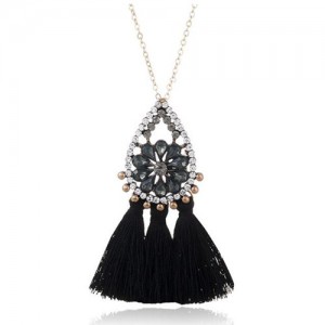 Rhinestone Floral Waterdrop with Cotton Threads Tassel Pendant Design Long Style Fashion Necklace - Black