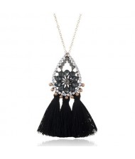 Rhinestone Floral Waterdrop with Cotton Threads Tassel Pendant Design Long Style Fashion Necklace - Black