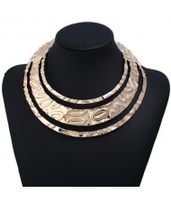 Leaves Engraving Triple Layers Punk Fashion Chunky Costume Necklace - Golden