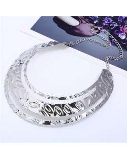 Leaves Engraving Triple Layers Punk Fashion Chunky Costume Necklace - Silver