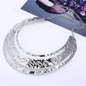 Leaves Engraving Triple Layers Punk Fashion Chunky Costume Necklace - Silver