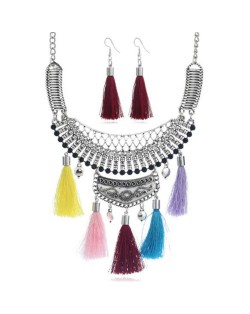 Gem Inlaid Chunky Arch Pendant with Cotton Threads Tassel Women Fashion Statement Neckalce - Multicolor