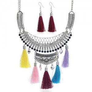 Gem Inlaid Chunky Arch Pendant with Cotton Threads Tassel Women Fashion Statement Neckalce - Multicolor