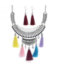 Gem Inlaid Chunky Arch Pendant with Cotton Threads Tassel Women Fashion Statement Neckalce - Multicolor