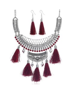 Gem Inlaid Chunky Arch Pendant with Cotton Threads Tassel Women Fashion Statement Neckalce - Wine Red