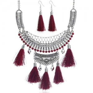 Gem Inlaid Chunky Arch Pendant with Cotton Threads Tassel Women Fashion Statement Neckalce - Wine Red
