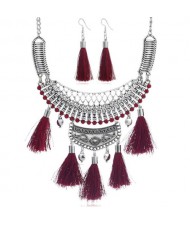 Gem Inlaid Chunky Arch Pendant with Cotton Threads Tassel Women Fashion Statement Neckalce - Wine Red