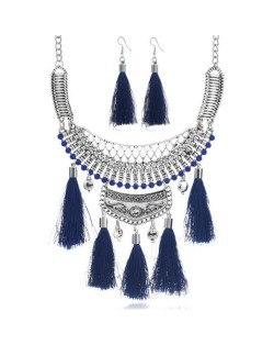 Gem Inlaid Chunky Arch Pendant with Cotton Threads Tassel Women Fashion Statement Neckalce - Blue