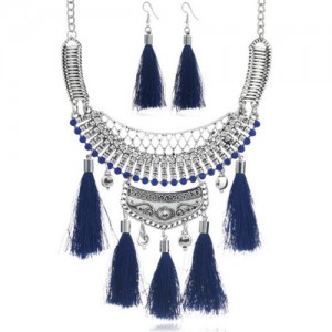 Gem Inlaid Chunky Arch Pendant with Cotton Threads Tassel Women Fashion Statement Neckalce - Blue