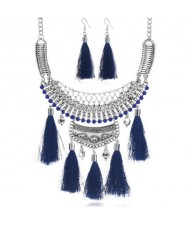 Gem Inlaid Chunky Arch Pendant with Cotton Threads Tassel Women Fashion Statement Neckalce - Blue