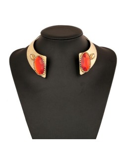 Oval Gem Embellished Chunky Collar Design High Fashion Costume Necklet - Red