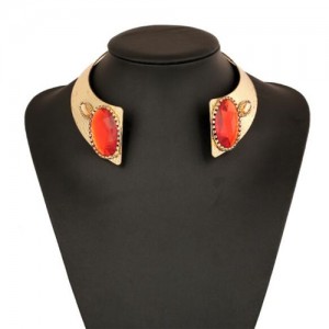 Oval Gem Embellished Chunky Collar Design High Fashion Costume Necklet - Red