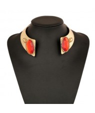Oval Gem Embellished Chunky Collar Design High Fashion Costume Necklet - Red