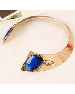 Oval Gem Embellished Chunky Collar Design High Fashion Costume Necklet - Blue