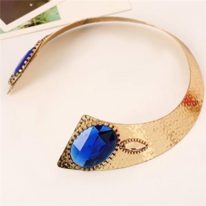Oval Gem Embellished Chunky Collar Design High Fashion Costume Necklet - Blue
