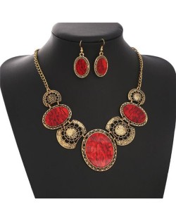 Resin Gems Inlaid Oval Combo Design Bold Fashion Women Statement Necklace and Earrings Set - Red
