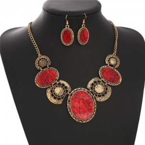 Resin Gems Inlaid Oval Combo Design Bold Fashion Women Statement Necklace and Earrings Set - Red