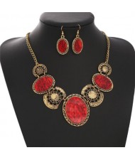 Resin Gems Inlaid Oval Combo Design Bold Fashion Women Statement Necklace and Earrings Set - Red