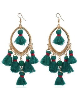 Bead and Cotton Threads Tassle Style Royal Fashion Hoop Earrings - Green