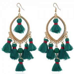 Bead and Cotton Threads Tassle Style Royal Fashion Hoop Earrings - Green