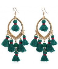 Bead and Cotton Threads Tassle Style Royal Fashion Hoop Earrings - Green