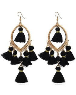 Bead and Cotton Threads Tassle Style Royal Fashion Hoop Earrings - Black