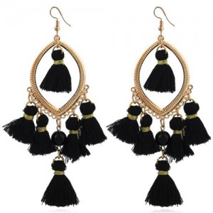 Bead and Cotton Threads Tassle Style Royal Fashion Hoop Earrings - Black