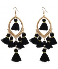 Bead and Cotton Threads Tassle Style Royal Fashion Hoop Earrings - Black