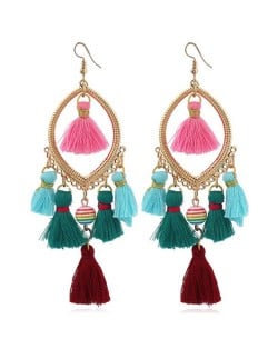 Bead and Cotton Threads Tassle Style Royal Fashion Hoop Earrings - Multicolor