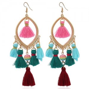 Bead and Cotton Threads Tassle Style Royal Fashion Hoop Earrings - Multicolor