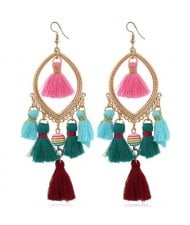 Bead and Cotton Threads Tassle Style Royal Fashion Hoop Earrings - Multicolor