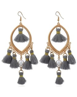 Bead and Cotton Threads Tassle Style Royal Fashion Hoop Earrings - Gray