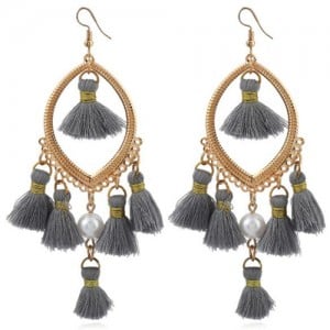 Bead and Cotton Threads Tassle Style Royal Fashion Hoop Earrings - Gray