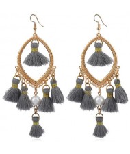 Bead and Cotton Threads Tassle Style Royal Fashion Hoop Earrings - Gray