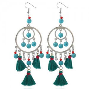 Bohemian Fashion Beads and Cotton Threads Tassel Design Dual Hoops Women Statement Earrings - Green
