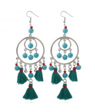 Bohemian Fashion Beads and Cotton Threads Tassel Design Dual Hoops Women Statement Earrings - Green