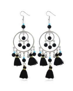 Bohemian Fashion Beads and Cotton Threads Tassel Design Dual Hoops Women Statement Earrings - Black