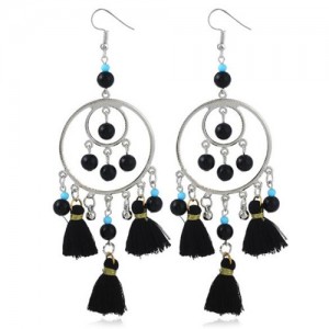 Bohemian Fashion Beads and Cotton Threads Tassel Design Dual Hoops Women Statement Earrings - Black