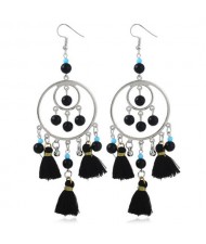 Bohemian Fashion Beads and Cotton Threads Tassel Design Dual Hoops Women Statement Earrings - Black