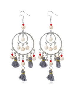 Bohemian Fashion Beads and Cotton Threads Tassel Design Dual Hoops Women Statement Earrings - Gray