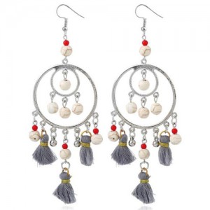 Bohemian Fashion Beads and Cotton Threads Tassel Design Dual Hoops Women Statement Earrings - Gray