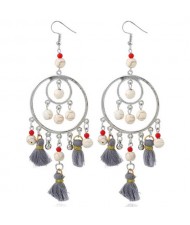Bohemian Fashion Beads and Cotton Threads Tassel Design Dual Hoops Women Statement Earrings - Gray