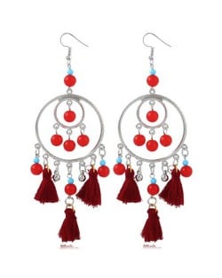 Bohemian Fashion Beads and Cotton Threads Tassel Design Dual Hoops Women Statement Earrings - Wine Red