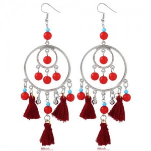 Bohemian Fashion Beads and Cotton Threads Tassel Design Dual Hoops Women Statement Earrings - Wine Red