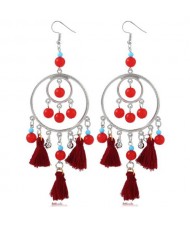 Bohemian Fashion Beads and Cotton Threads Tassel Design Dual Hoops Women Statement Earrings - Wine Red